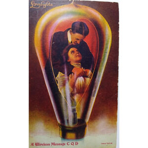 Victorian Couple Inside Light Bulb Fantasy Postcard Wireless Lovelights 1909